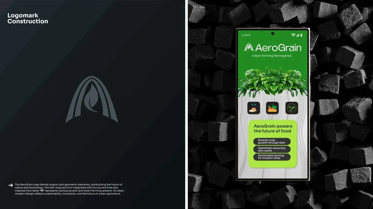 AeroGrain grain-inspired mark and green mobile interface