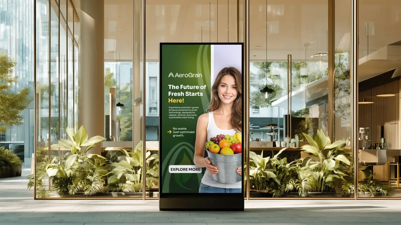 AeroGrain campaign display in a plant-filled interior