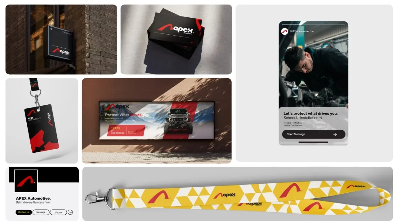 Apex identity across signage, packaging, digital screens, and a graphic pattern