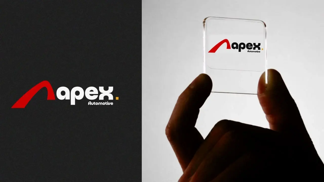 Apex red-and-black wordmark and transparent business card