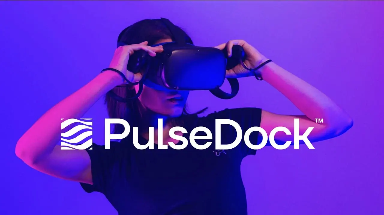 PulseDock white identity over a purple virtual-reality portrait