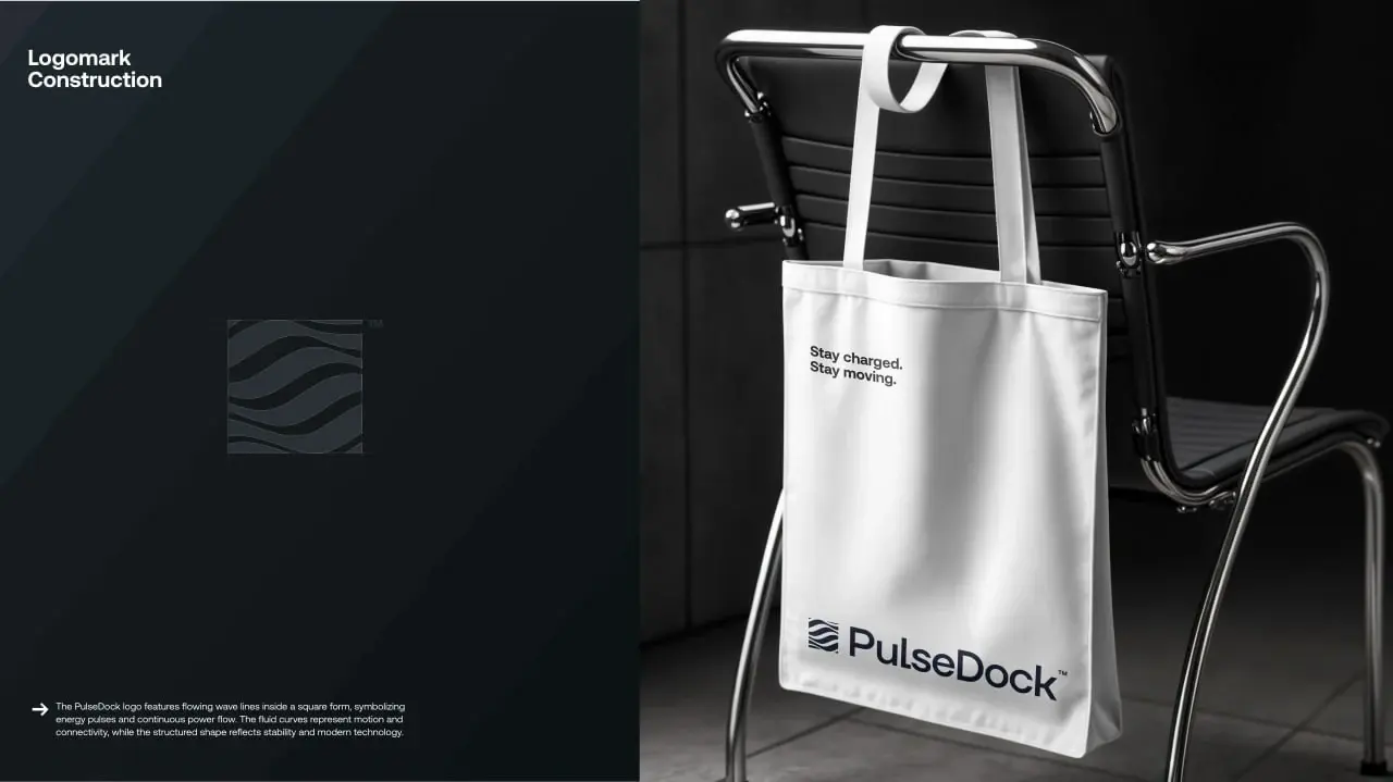 PulseDock wave-mark construction and branded shopping bag