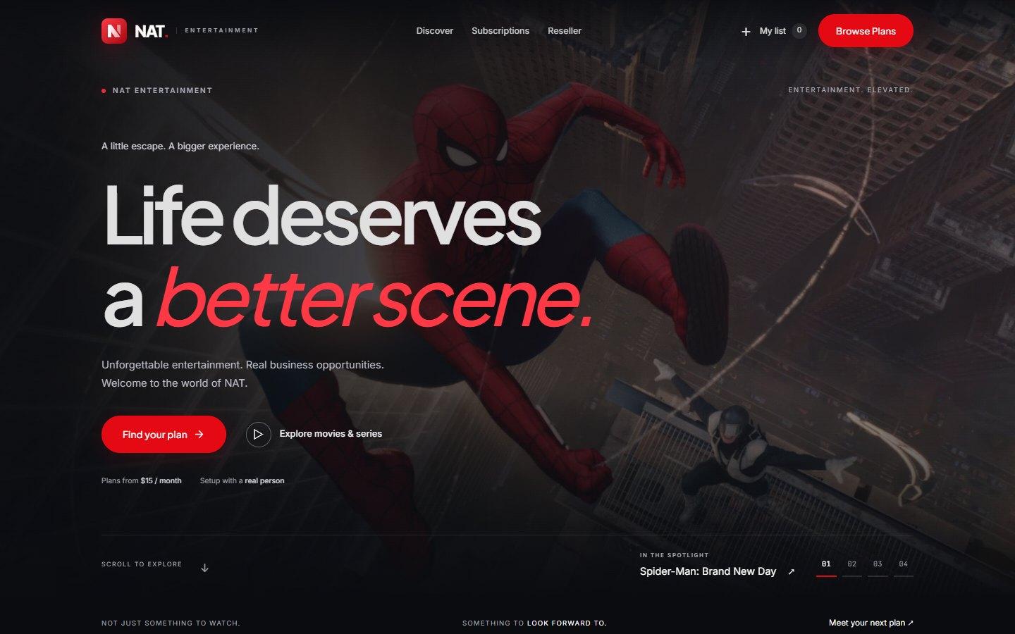 NAT Entertainment website homepage with the headline “Life deserves a better scene.”