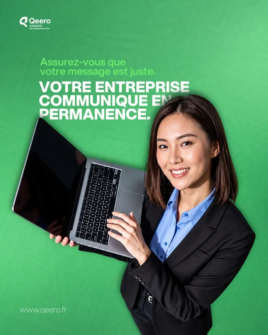 Qeero agency communication campaign with a laptop