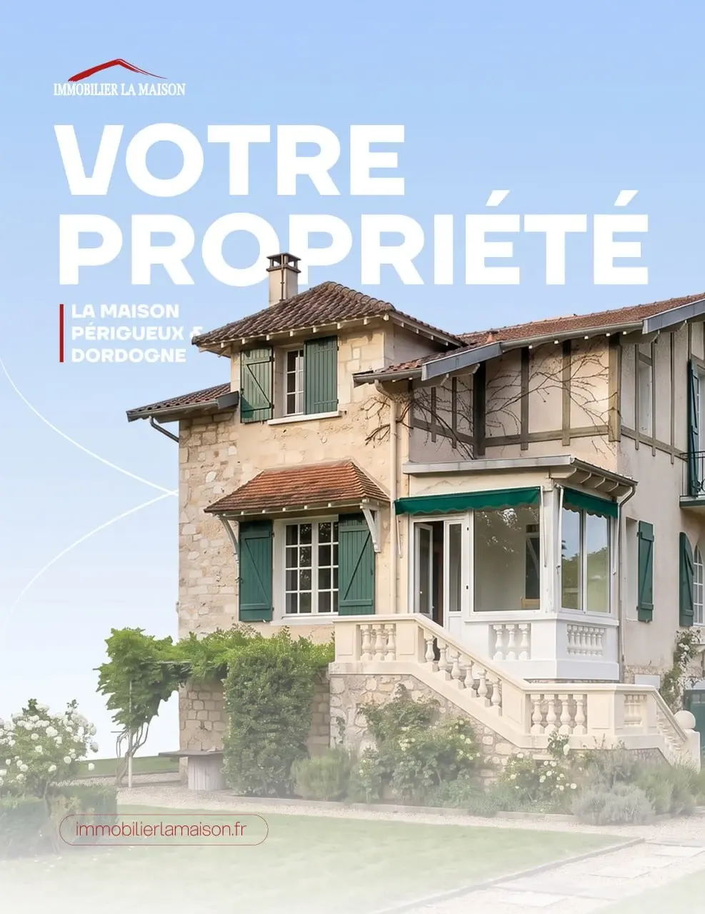 Property campaign with a house and pale-blue typography